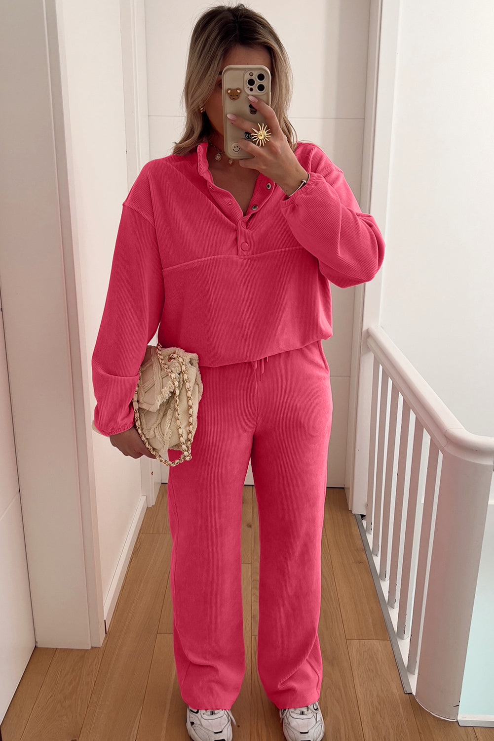 Peach Blossom Half Button Pullover Drawstring Pants Corduroy Set 0d359684b31ca87e