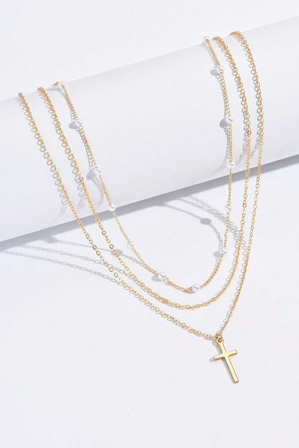 Gold Retro Multi-Layer Pearl and Cross Pendant Necklace Set 0d369779bb5e9f21