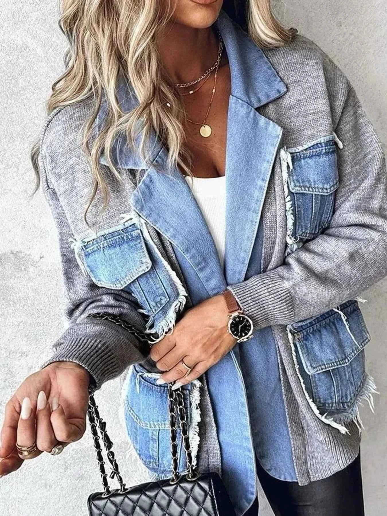Raw Hem Denim Pocket Patchwork Cardigan Grey 0d3807e444844aa196d203ca33551b90-Max-Origin