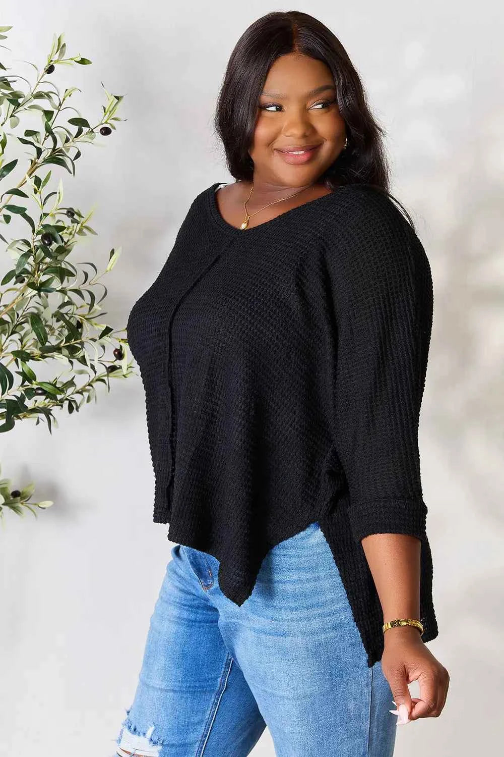 Zenana Full Size Round Neck High-Low Slit Knit Top 0d38d7c53b614deeae4c8c03396c9430-Max