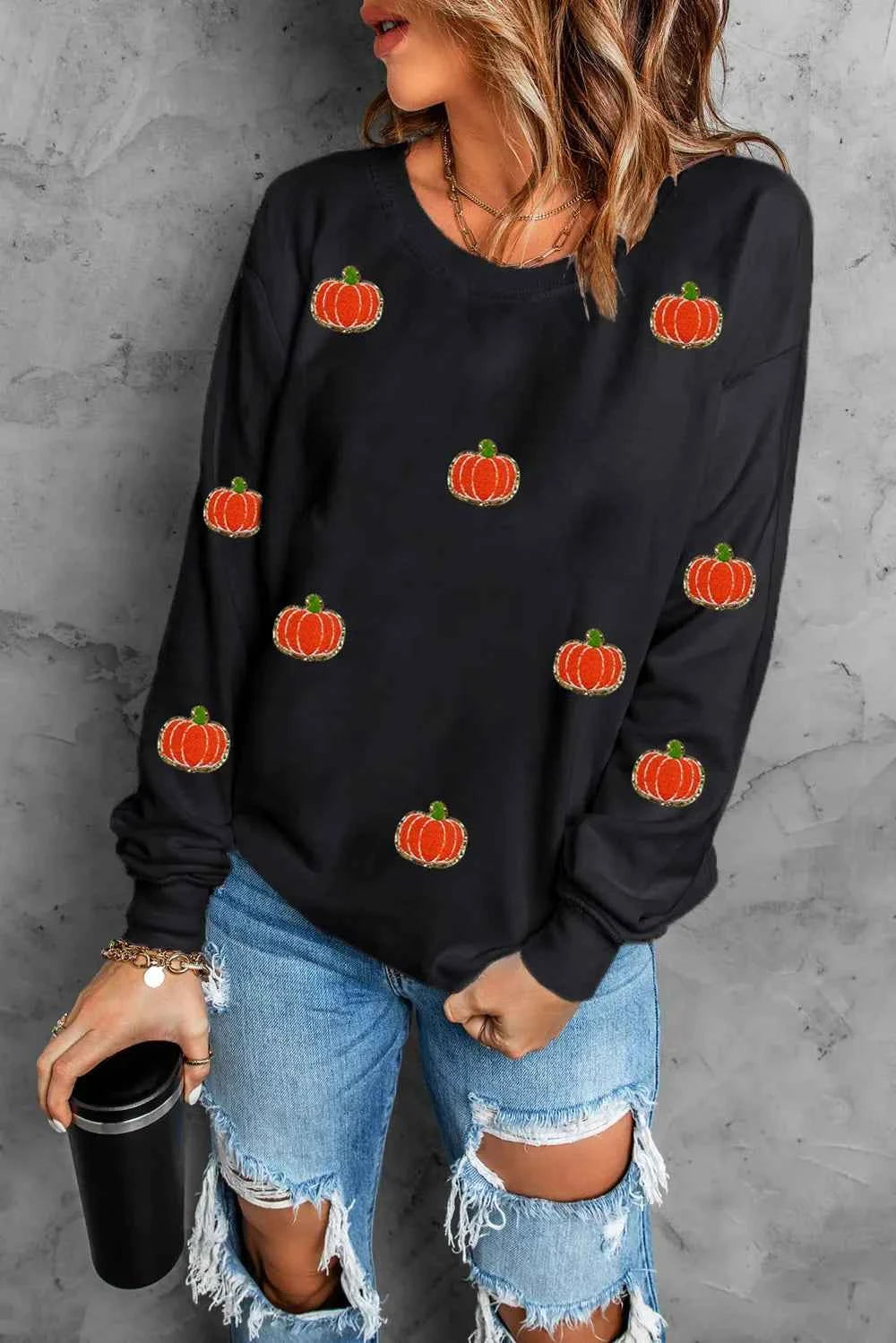 Pumpkin Round Neck Long Sleeve Sweatshirt Black 0d3e2b93-8ebd-43e3-ada4-8d8d638b783c-Max