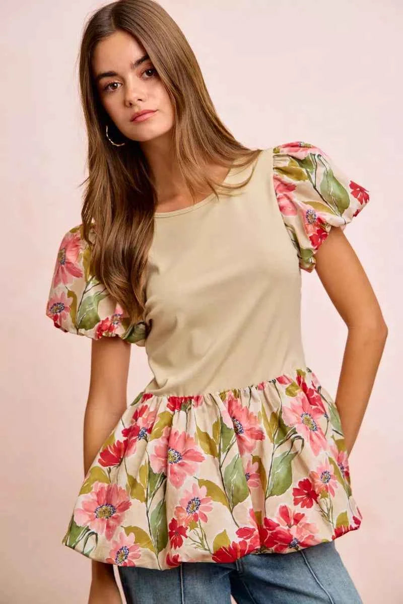 BiBi Floral Printed Bubble Sleeves and Hem Peplum Top 0d46ed7245b942b9883021ec6e9af6bd-Max-Origin