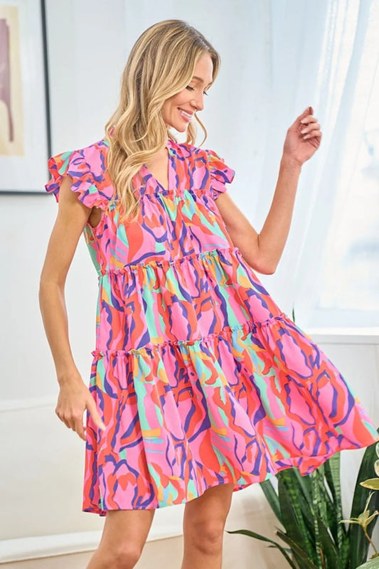 Full Size Printed Ruffle Cap Sleeve Tiered Dress 0d47c215-c022-45e7-beb2-65a0dcc64dad-Max