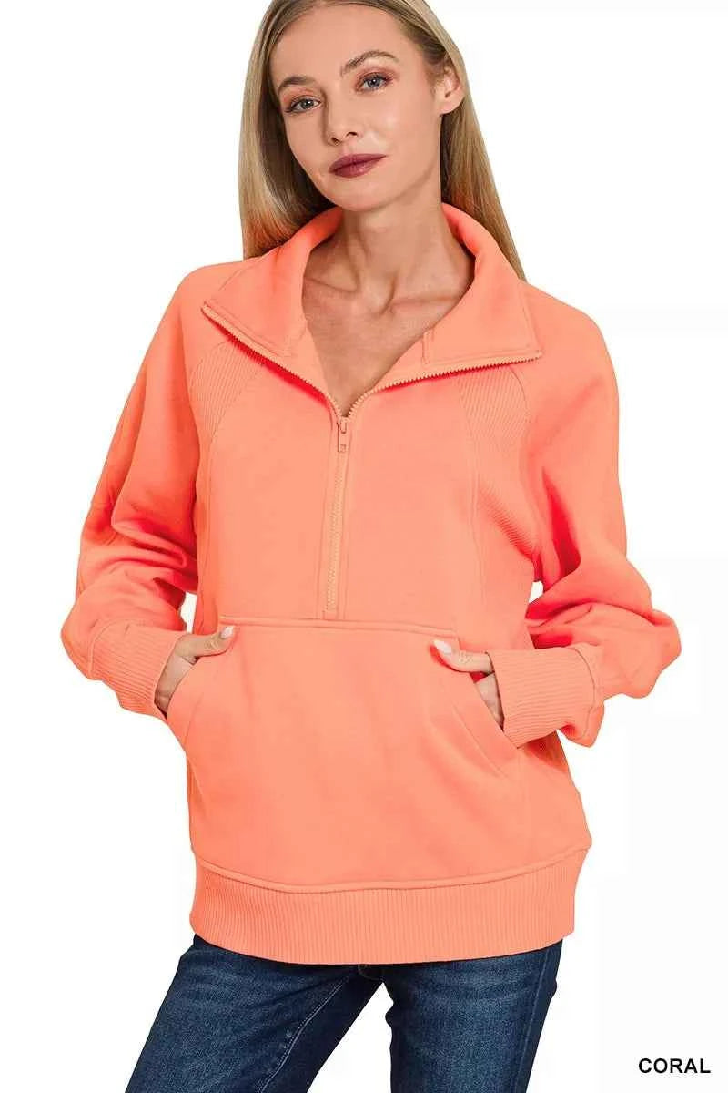 Zenana Half Zip Fleece Sweatshirt with kangaroo Pocket CORAL 0d494405f9964a3b81b806d4492e7513-Max-Origin