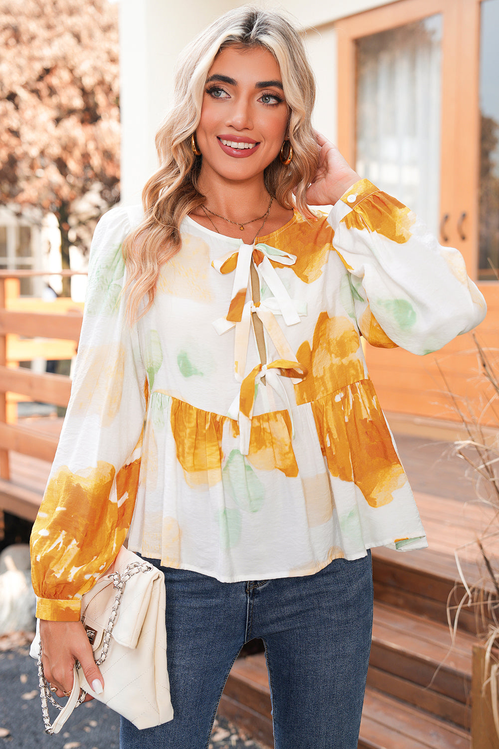 Carrot Abstract Print Bubble Sleeve Bow Front Top 0d553e9d7fca2353