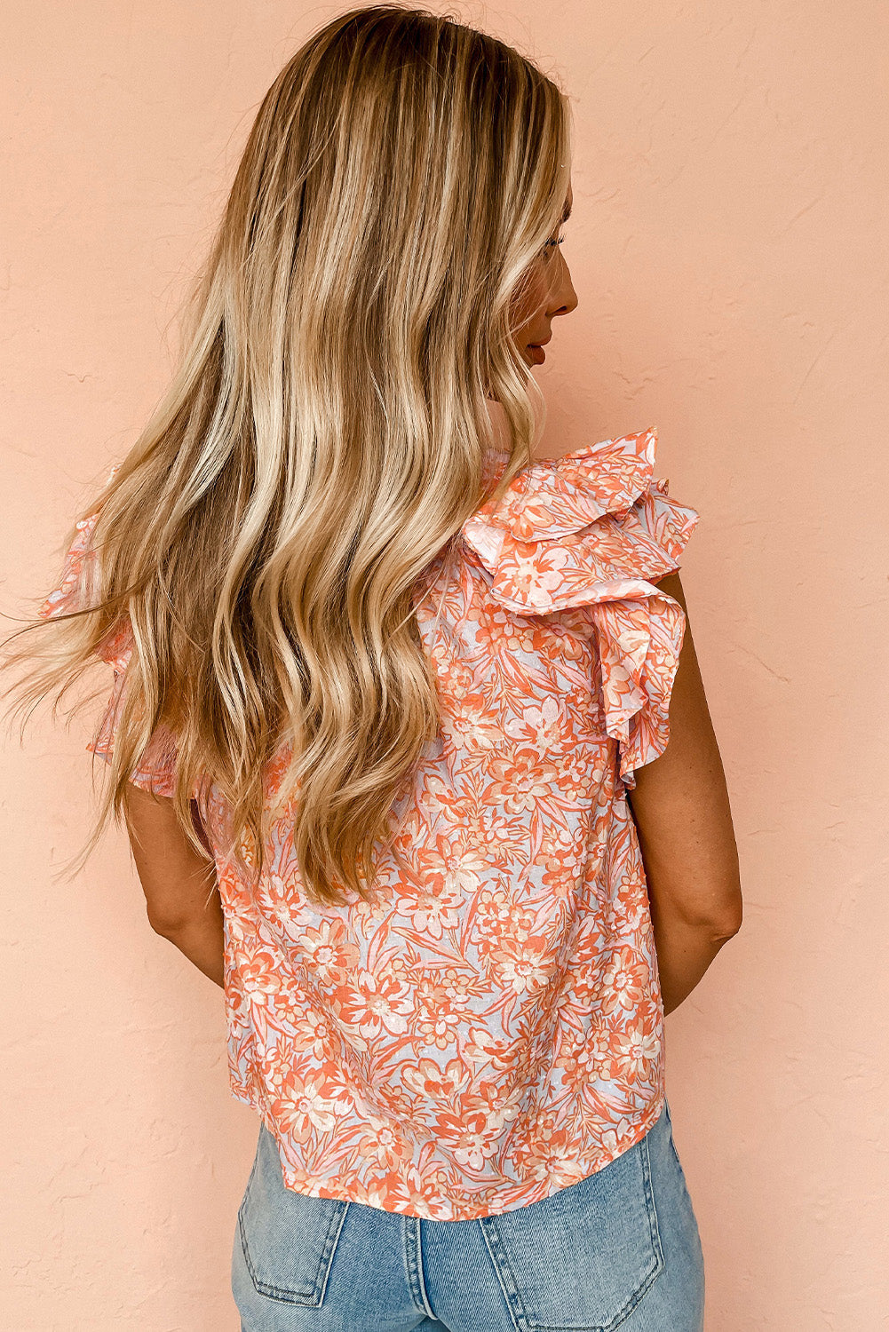 Orange Floral Ruffle Sleeve Split Neck Blouse 0d56362f6fcf4e09