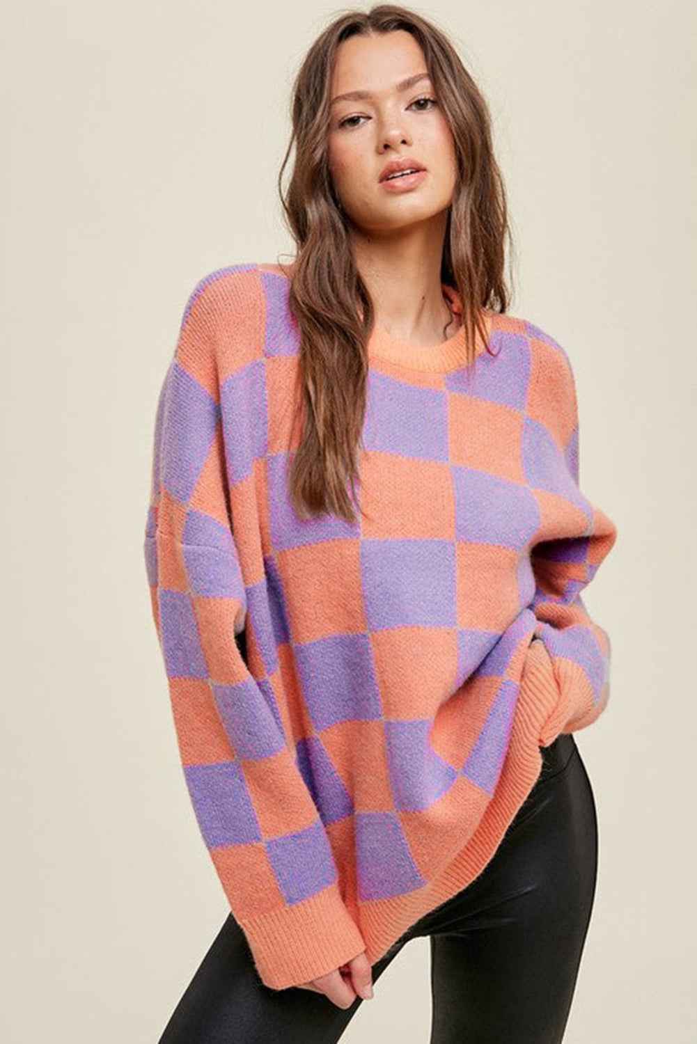Parchment Checkered Pattern Ribbed Trim Knit Baggy Sweater 0d5a516c622214d8