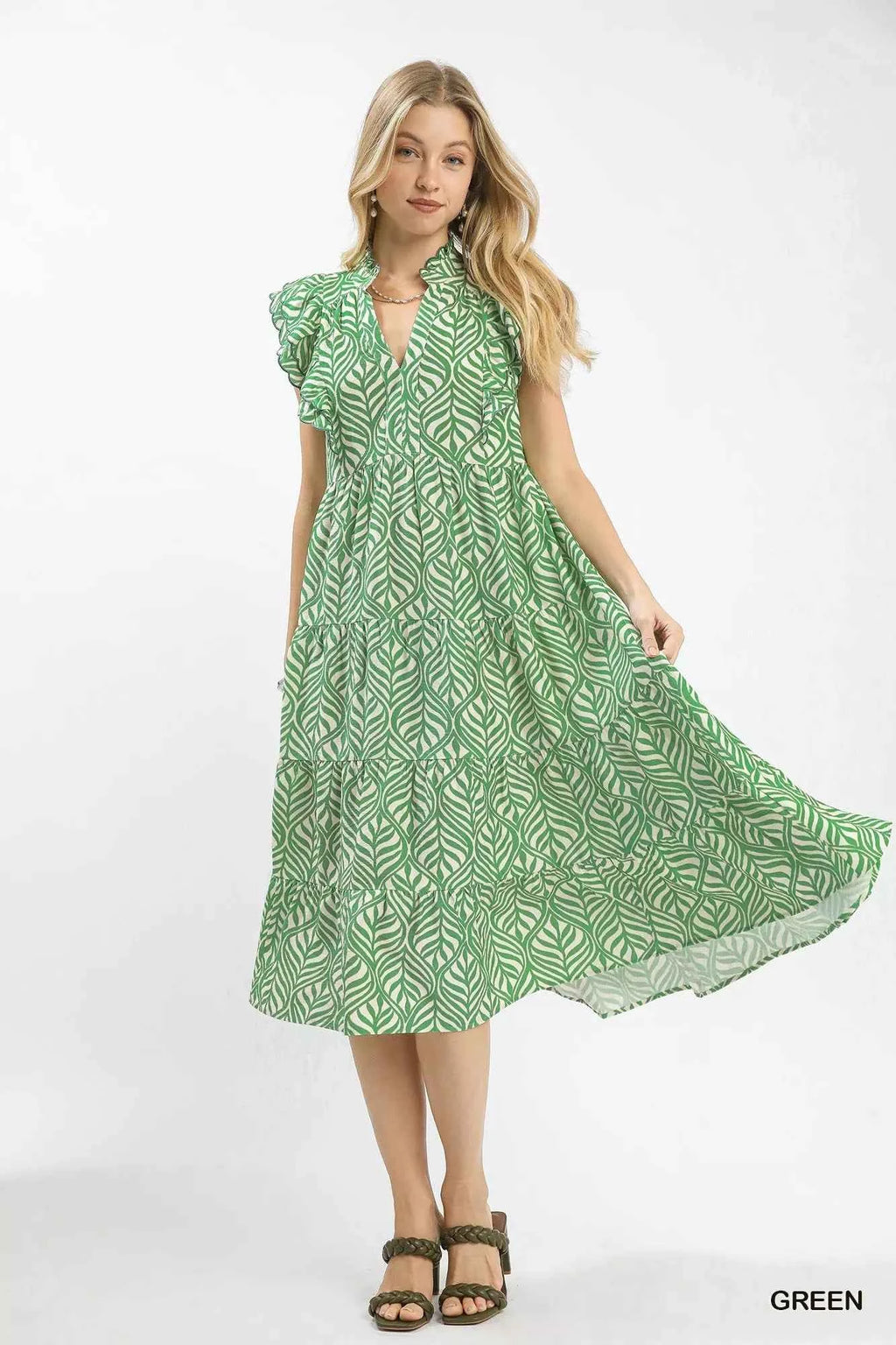 Umgee Leaf Print Tiered Midi Dress with Ruffle Detail 0d5d02a5-d038-4cf5-b85c-d1a18c1f8302-Max-Origin