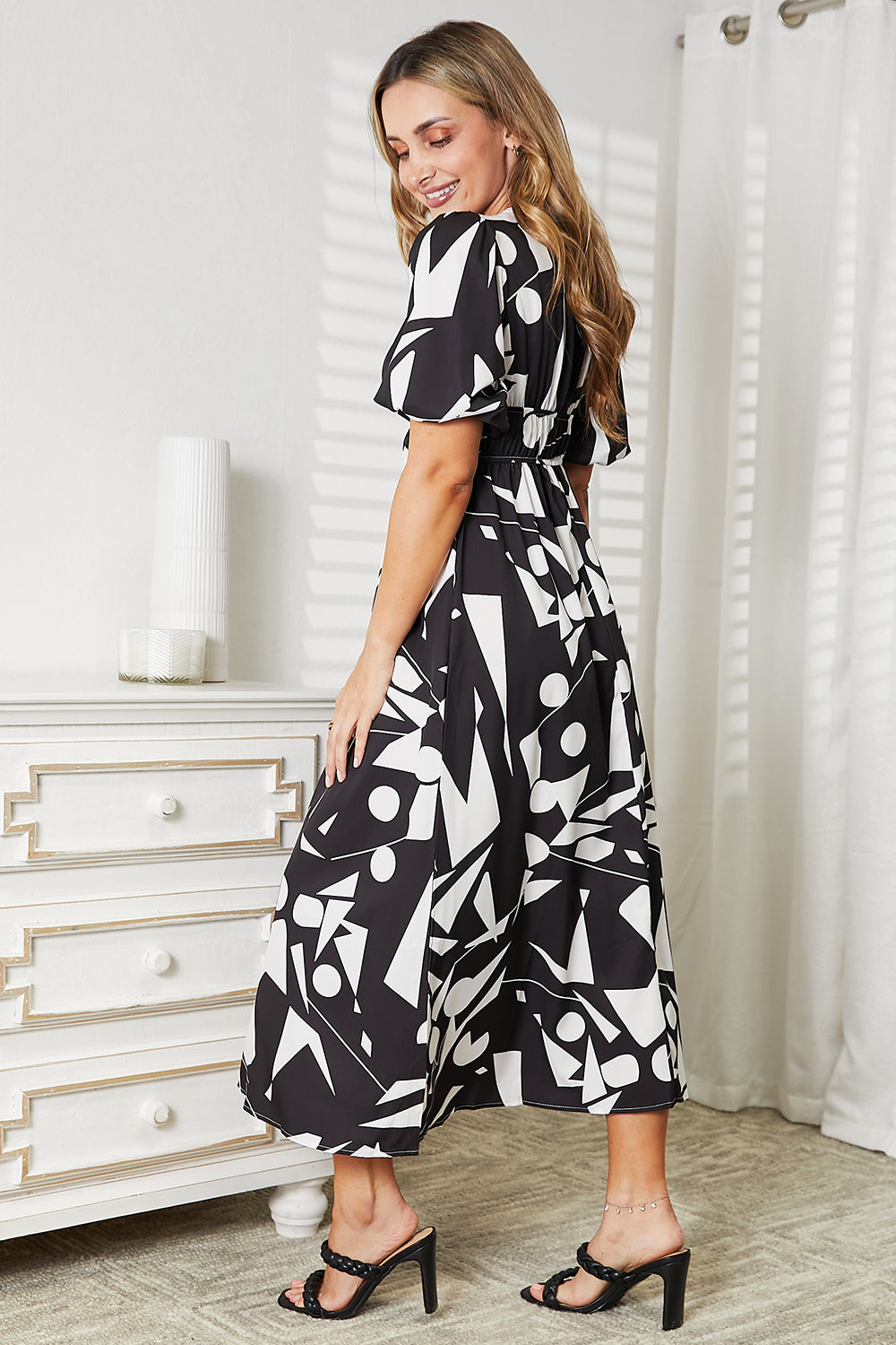 Printed Surplice Balloon Sleeve Dress 0d5e090da9a2418c97ff5d83bef96430-Max