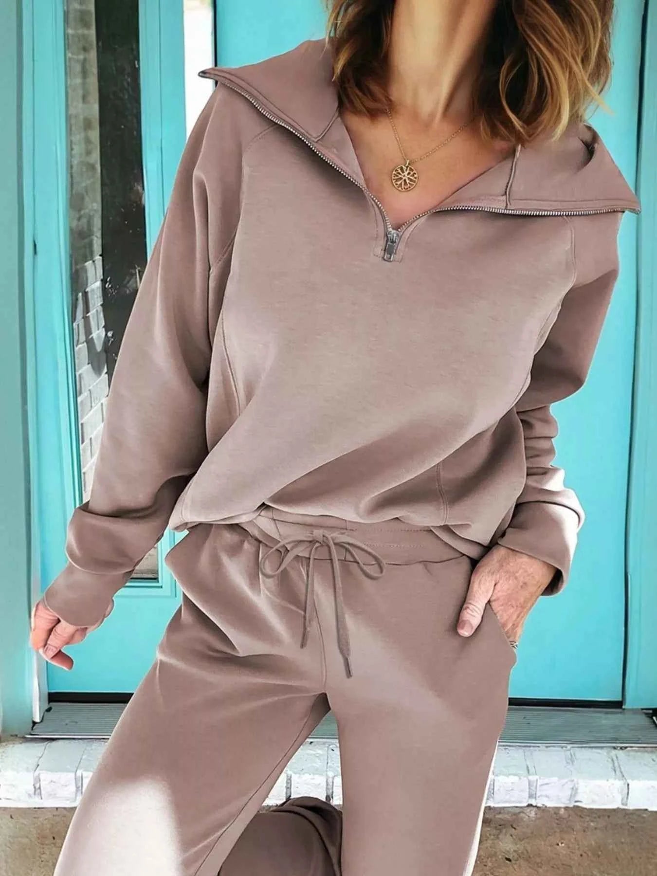 Zip Collar Long Sleeve Top and Drawstring Pants Set Taupe 0d6063b5-2d1f-4fb5-9b1f-088e46887bf4-Max-Origin