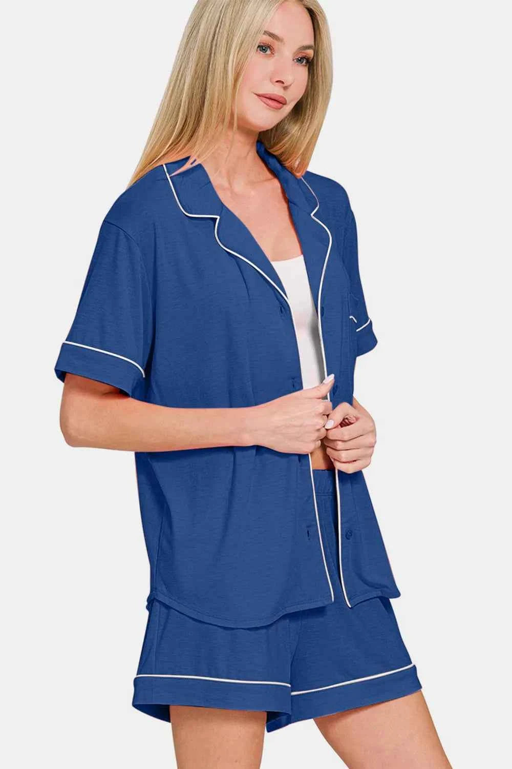 Zenana Button Down Short Sleeve Top and Shorts Lounge Set 0d6e688d-3a22-4bbd-a9c3-a581ef8f4f2e-Max