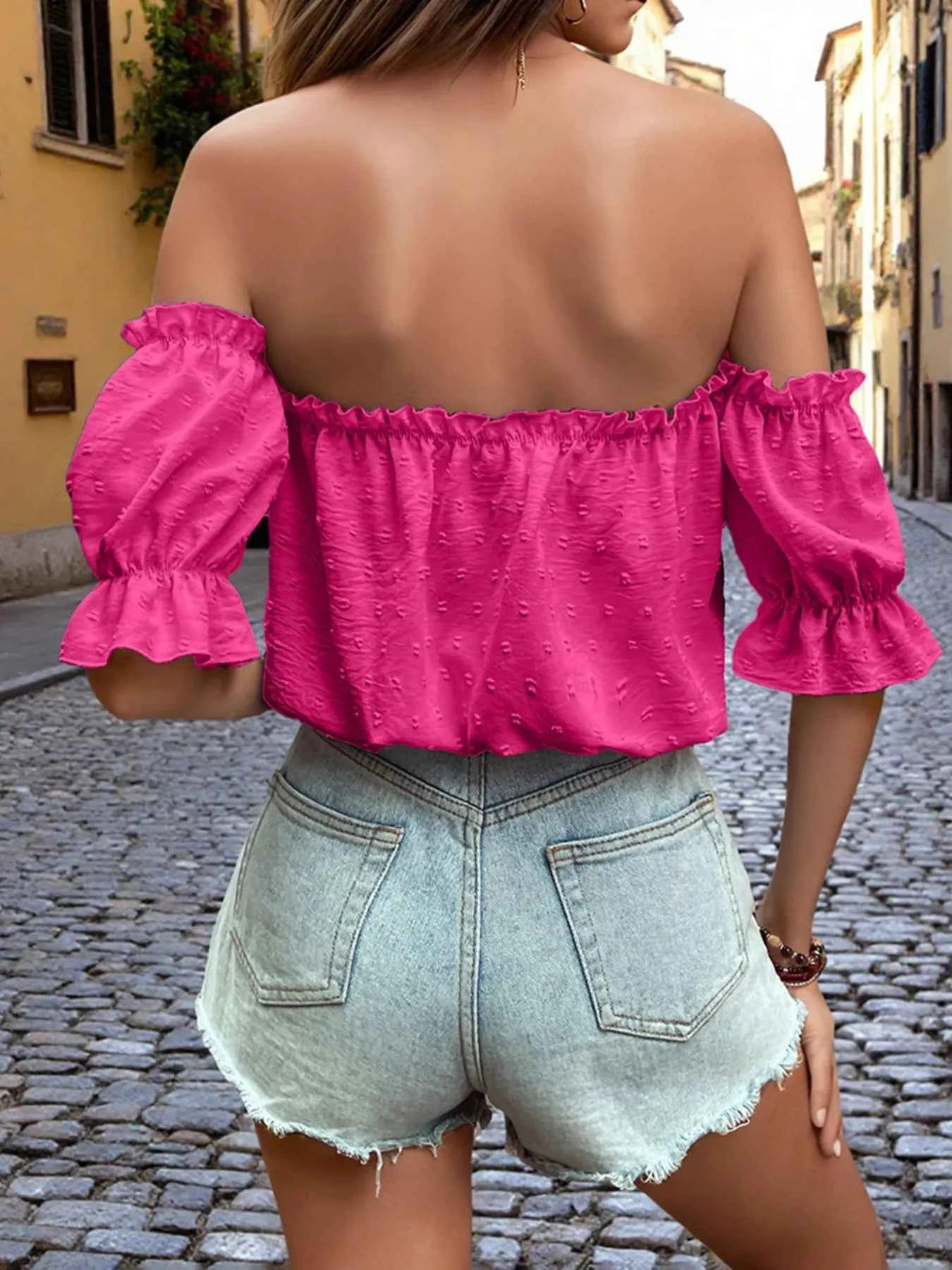 Off-Shoulder Swiss Dot Blouse with Tie Front Detail 0d7006686de8476ab3799c922461e8d4-Max-Origin
