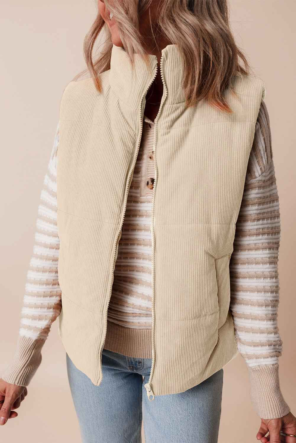 Coffee Solid Color Corduroy Puffer Vest Coat 0d7245d30f946790