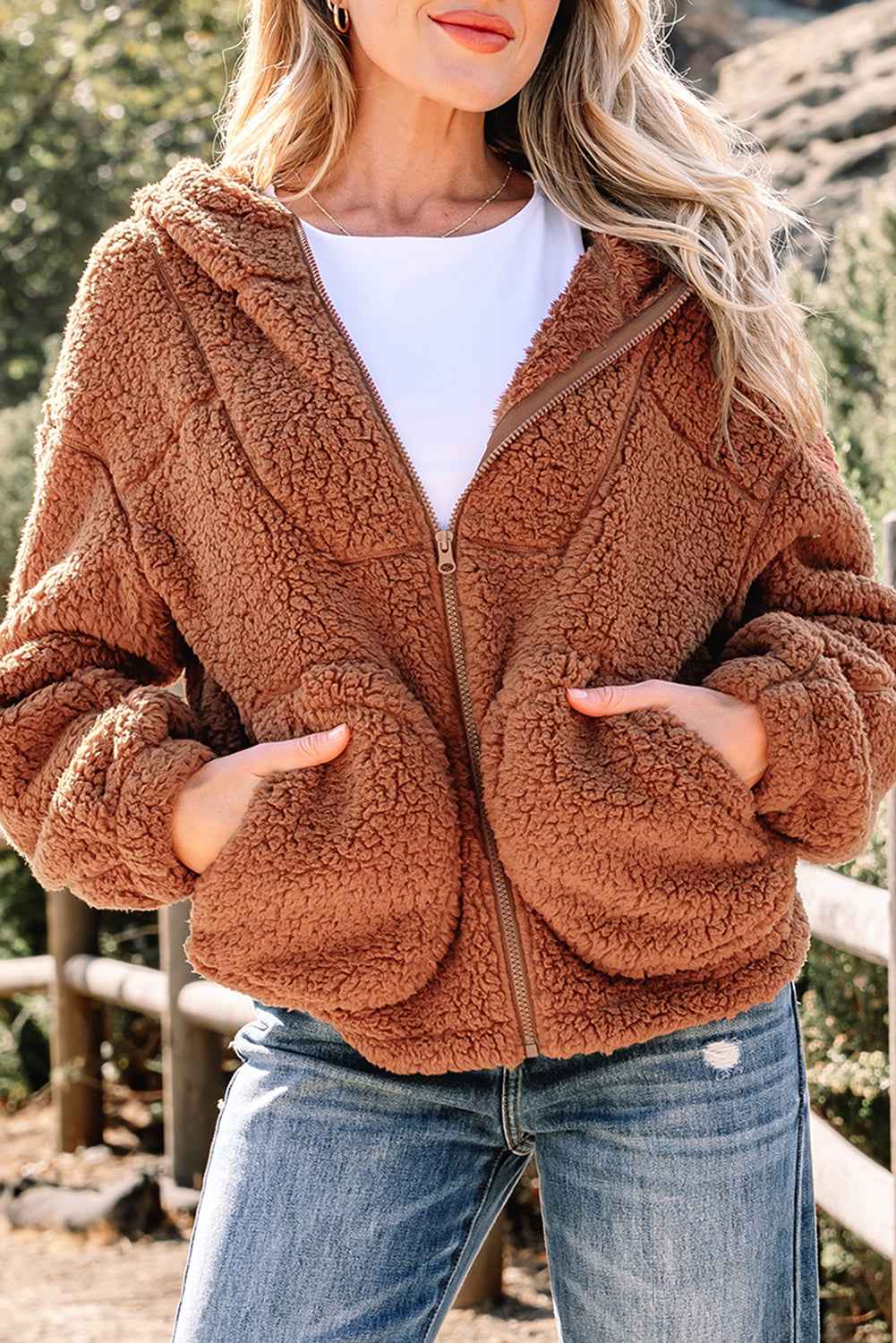 Straw Yellow Zip Up Hooded Sherpa Jacket 0d7686eb60ff99f1