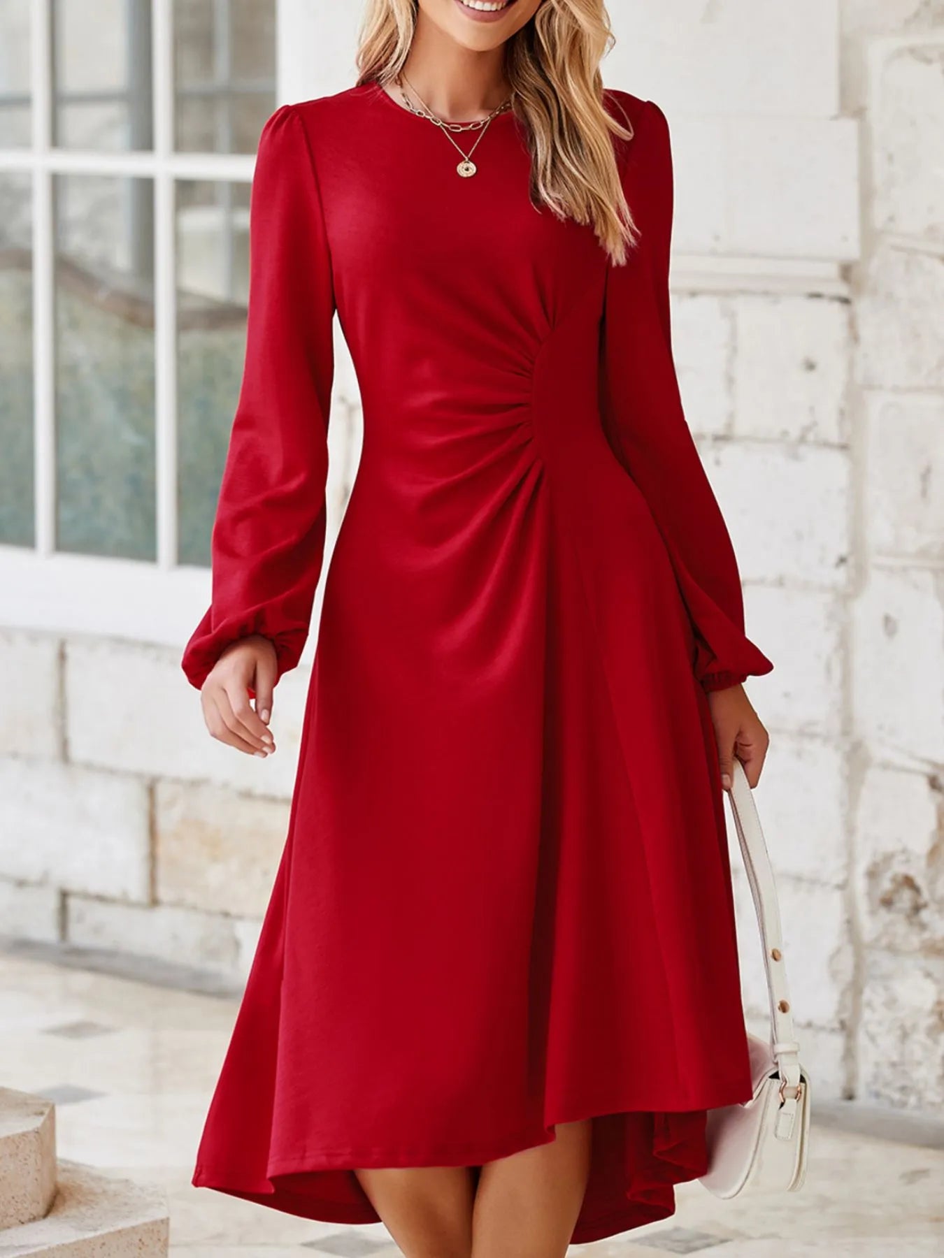 Solid Color Ruched Detail Long Sleeve Midi Dress Deep Red 0d7b32e5-0b81-4fc3-8494-22b31bf8379a-Max-Origin