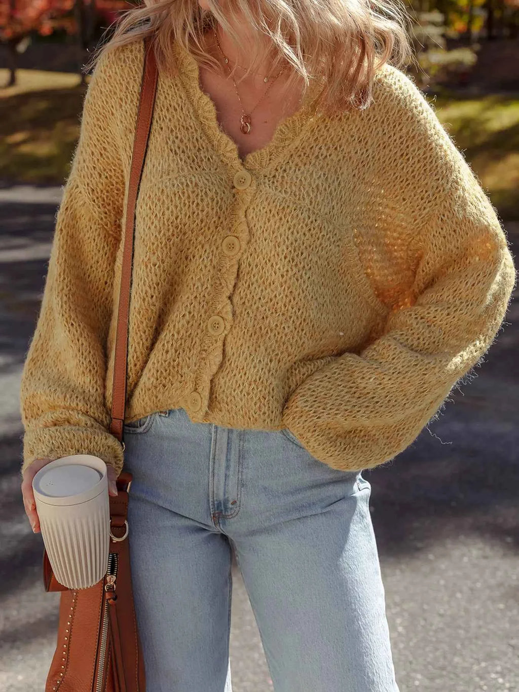 Lantern Sleeve Scallop V Neck Buttoned Front Cardigan Camel 0d7d47df96e64386a5ce70ca81f64f46-Max-Origin