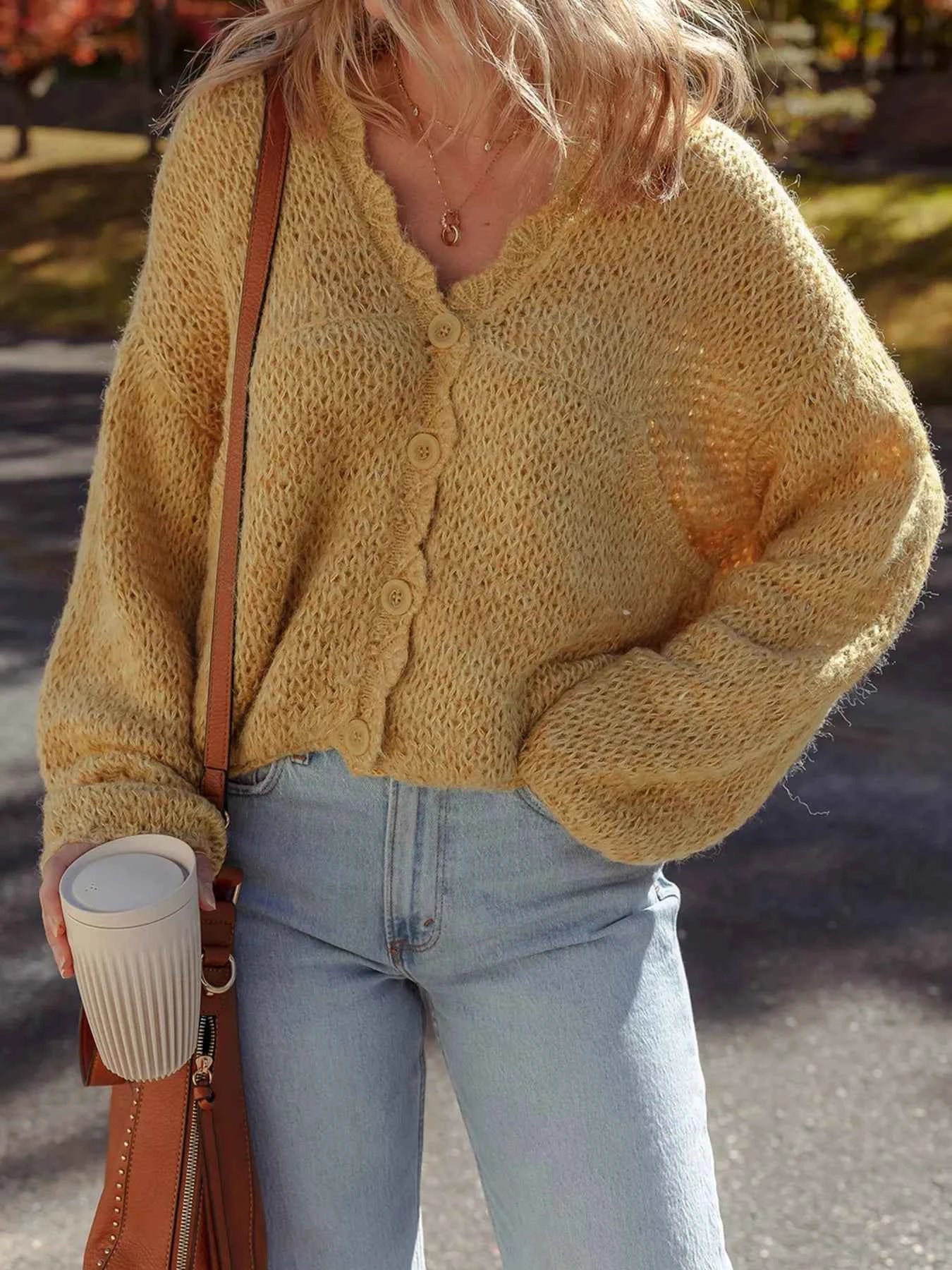 Lantern Sleeve Scallop V Neck Buttoned Front Cardigan Camel 0d7d47df96e64386a5ce70ca81f64f46-Max-Origin