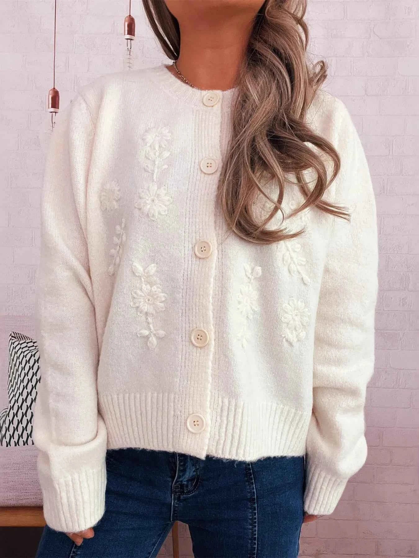 Flower Button Up Ribbed Hem Cardigan 0d8235b310764a6b831b34e50e673d32-Max-Origin