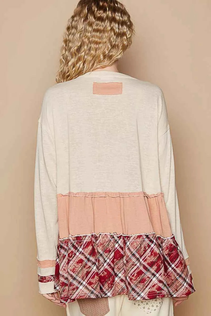 POL Round Neck Half Button Color Block Top with Merrow Edge Detail 0d82c309-d09b-4873-a64d-2f69a4435836-Max-Origin