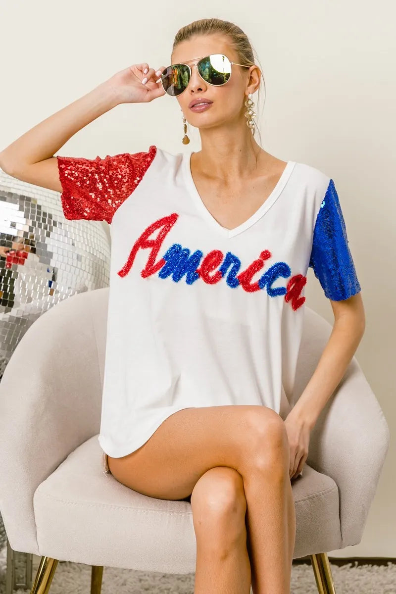BiBi Metallic Letter V-neck Sequin Sleeves Top 0d84ce98e7da473b9bc101f5511beb29-Max-Origin