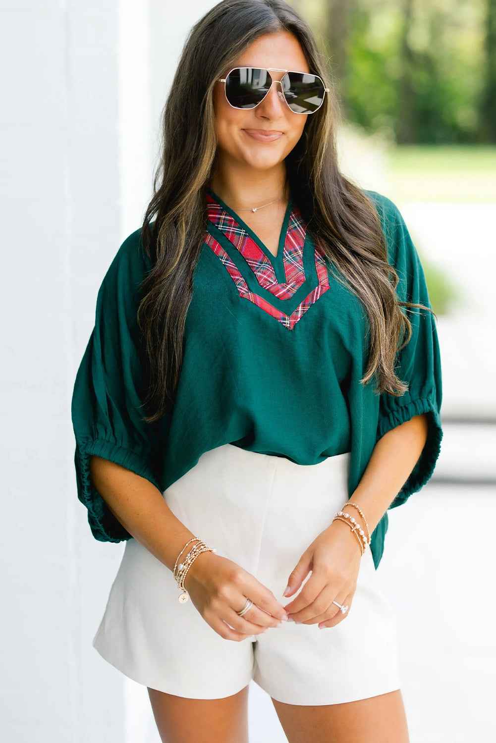 Evergreen Contrast Plaid Patchwork V Neck Half Sleeve Blouse 0d8bdea90fa1de41