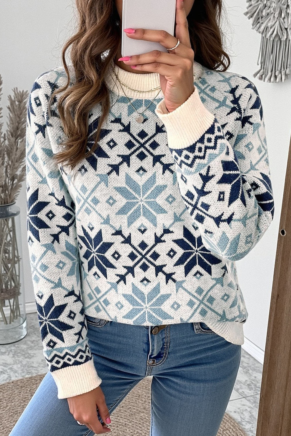 Sky Blue Snowflake Geometric Pattern Fashion Sweater Sky Blue 70%Acrylic+30%Nylon 0d8d9433029a09eb