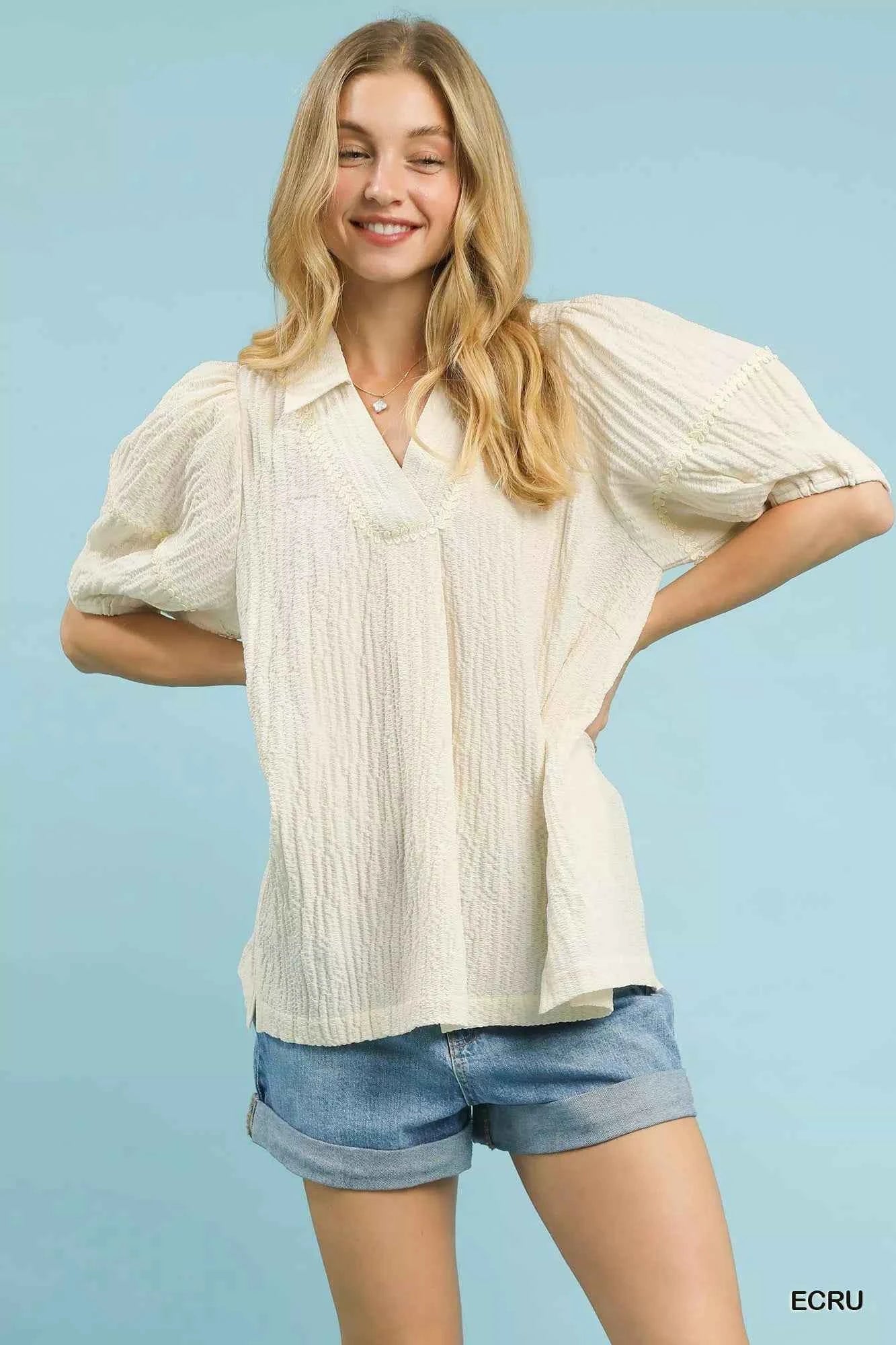 Umgee Textured Puff Sleeve Blouse ECRU 0d95f3cb-837c-440f-b90f-e64538e24bfc-Max-Origin