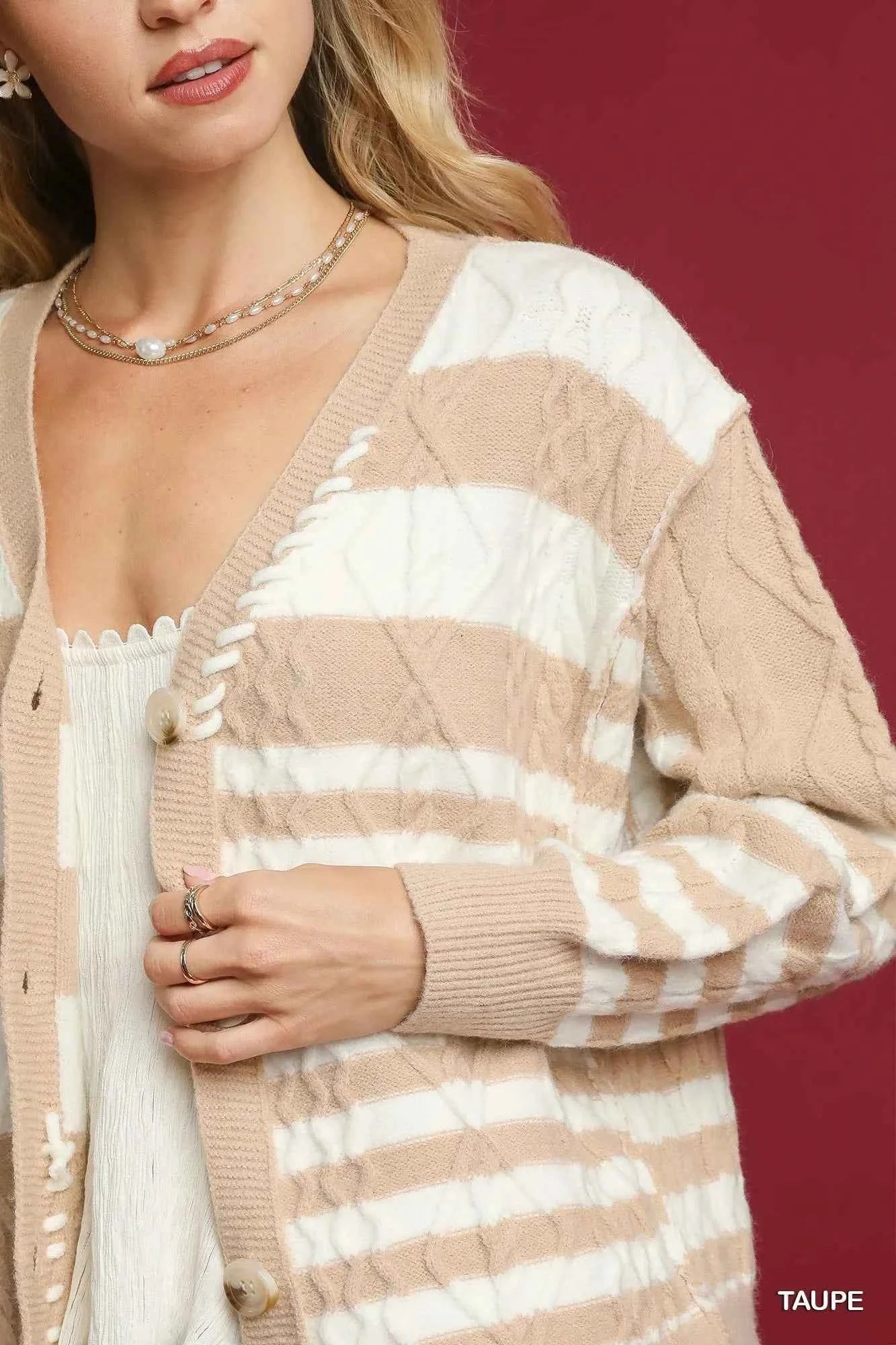 Umgee Cable-Knit Stripe Button-Up Cardigan 0d95fa9d-cdb1-4590-83fc-6dc4082c01b8-Max-Origin