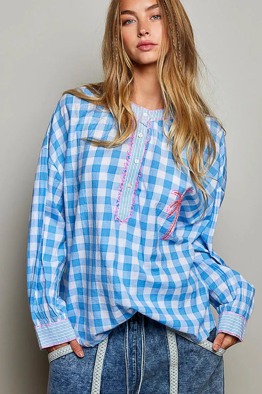 Gingham Embroidered Palm Tree Blouse BLUE MULTI 0d965c34-f9e1-46f0-aac9-2632c6b569c4-Max-Origin