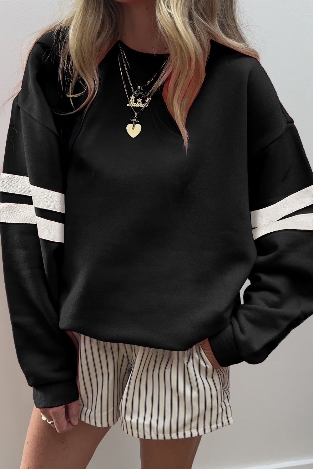 Orange Preppy Striped Sleeve Loose Sweatshirt Black 65%Polyester+35%Cotton 0d97b01d4564e347