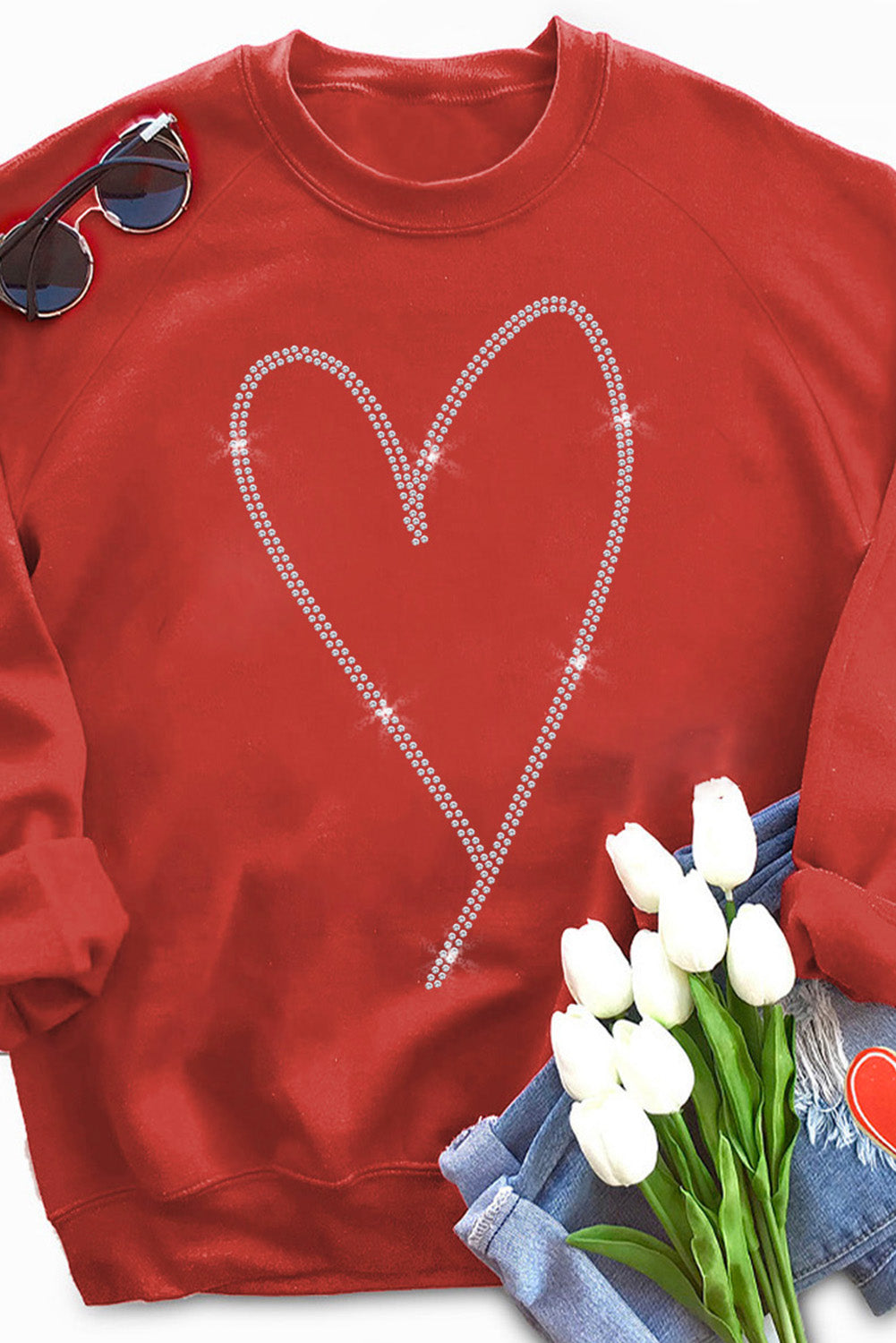 Red Casual Rhinestone Heart Shaped Graphic Sweatshirt 0da1bc6f231e22a4