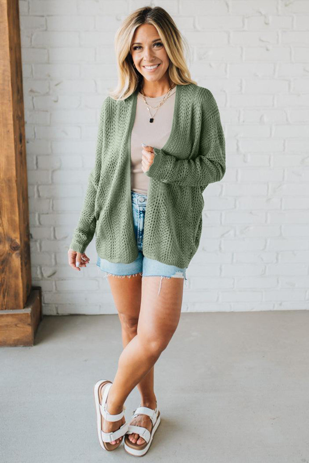 Green Bay Scalloped Edge Eyelet Knit Batwing Sleeve Cardigan 0da6caa8efc5f4fd