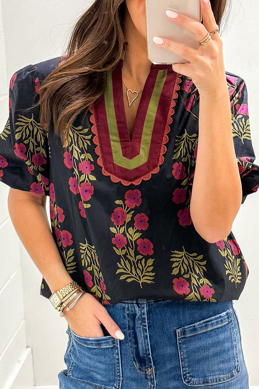 Black Floral Short Bubble Sleeve Contrast Slit Neckline Blouse Black 100%Cotton 0da78f82e2bdc471