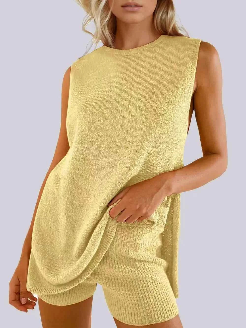 Side Slit Round Neck Tank and Ribbed Shorts Sweater Set Yellow 0da9b189-2dd4-4f0e-a832-77051e3ddc98-Max