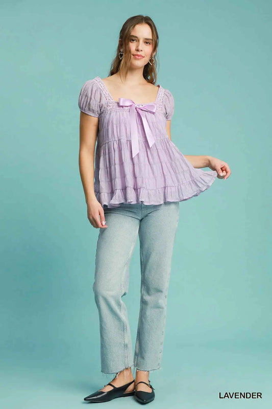 Textured Square Neck Bow Tie Blouse with Ruffle Hem 0dac53ae-d725-45d2-917c-9ddce9eb7bb7-Max-Origin