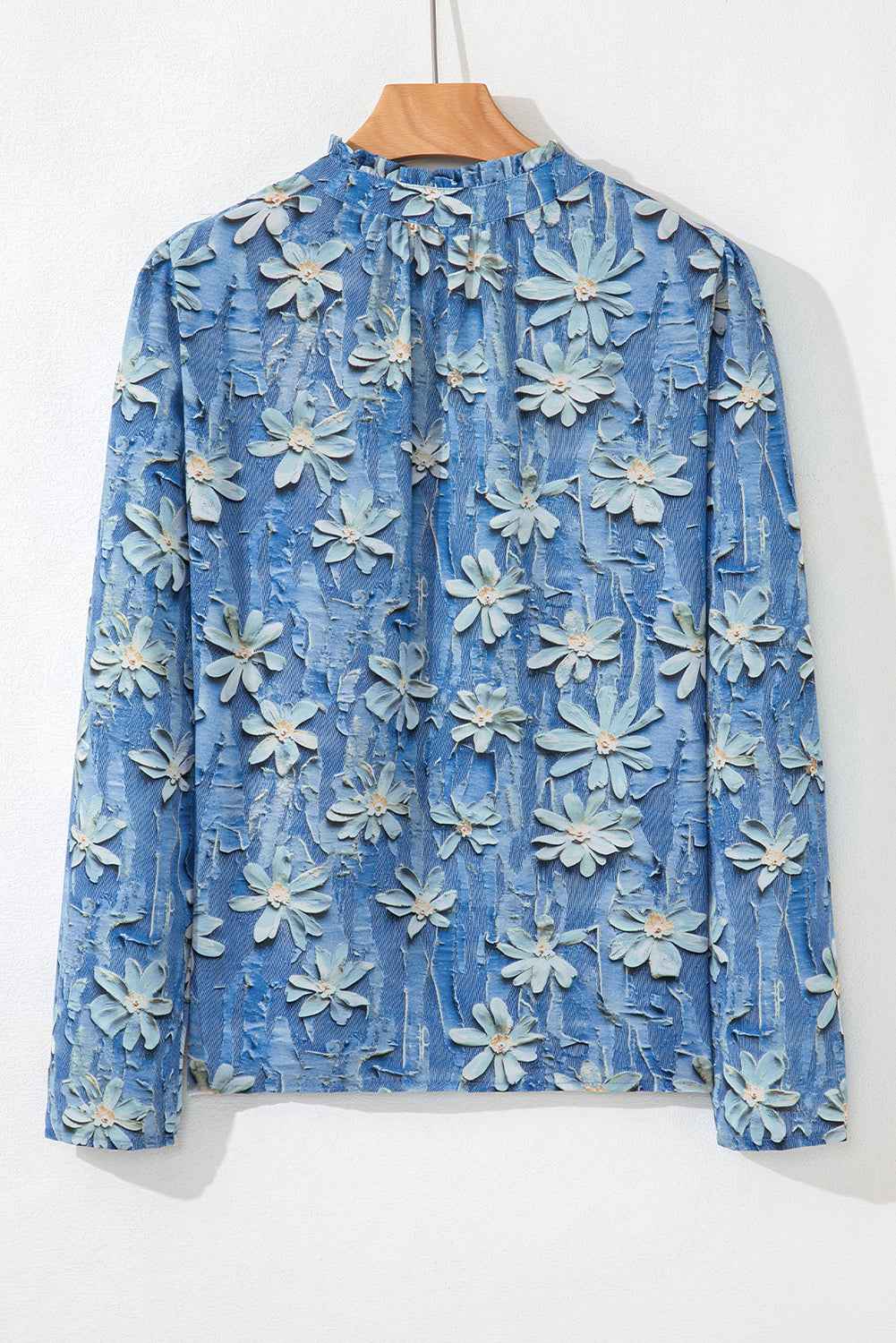 Sky Blue Fall Floral Half Placket Collared V Neck Blouse 0daf3c1e46fd0c1b