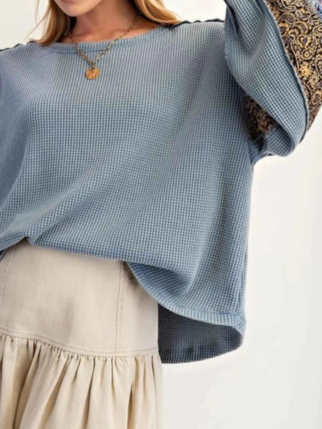 Waffle Knit Round Neck Dropped Shoulder Sweatshirt 0db42f40-39a4-4790-8092-7a41e11476c7-Max-Origin