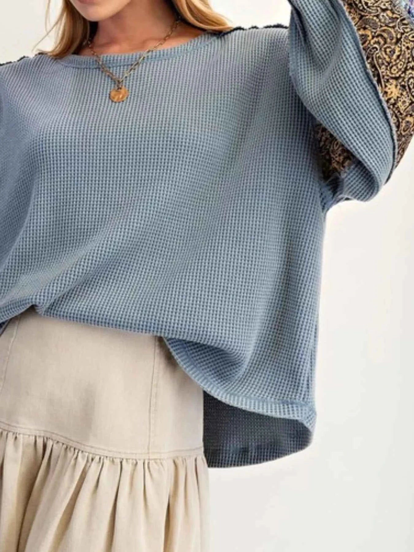 Waffle Knit Round Neck Dropped Shoulder Sweatshirt 0db42f40-39a4-4790-8092-7a41e11476c7-Max-Origin