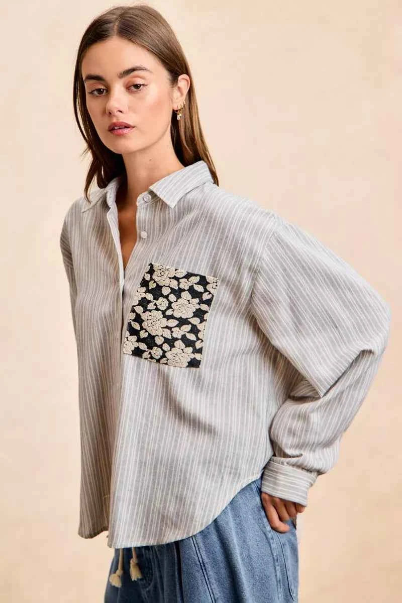 BiBi Flower Jacquard Knit Patch Pocket Stripe Shirt 0db43833e9b346fab62af0d46448aff2-Max-Origin