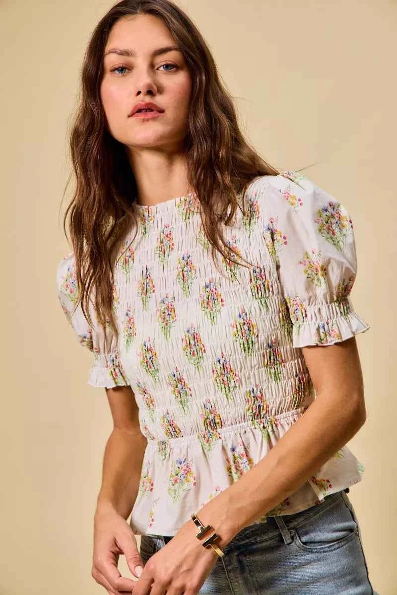 SO ME Floral Cotton Smocked Short Sleeves Blouse 0dc07519cd5d4d10a897c6b462fa8038-Max-Origin