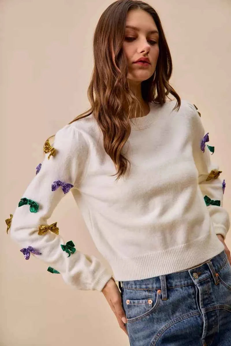 SO ME Mardi Gras Glitter Bow Ribbon Sweater Knit Top 0dc571b250214473b71643f9c34508c0-Max-Origin