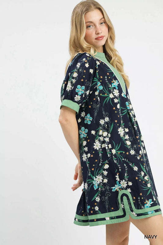 Floral Puff Sleeve Dress with Contrast Trim 0dcc5bea-377d-4557-af45-0fd921b13f6c-Max-Origin