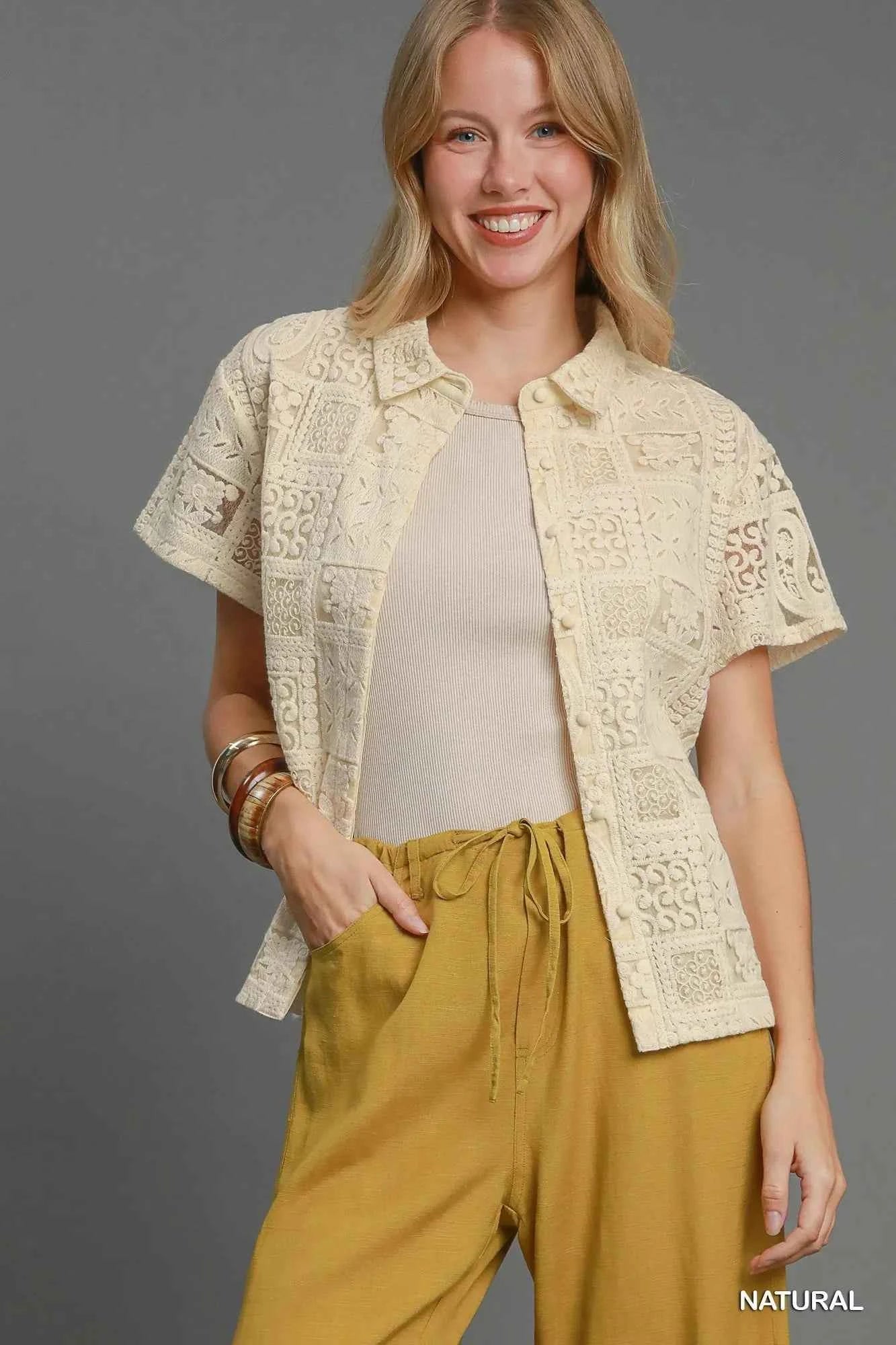 Umgee Patch Lace Short Sleeve Button Down Shirt