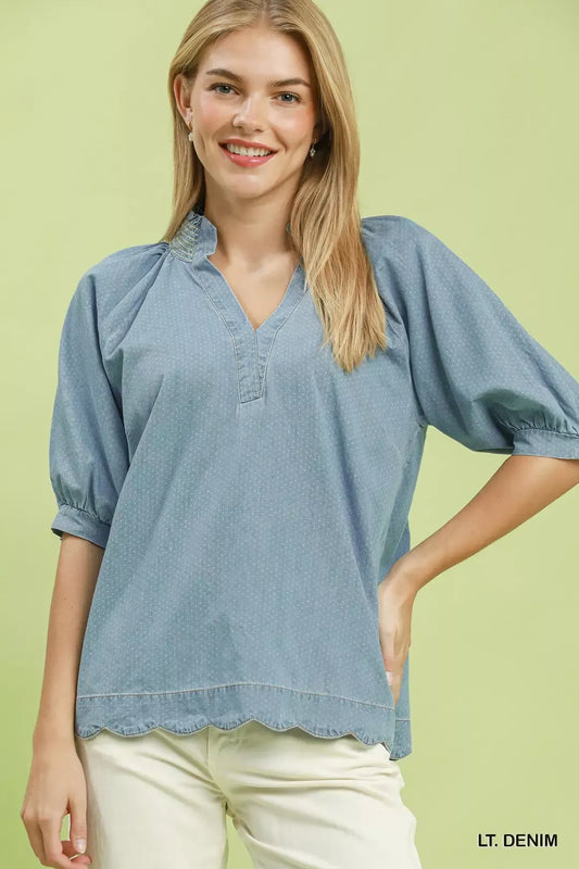 Textured Puff Sleeve Scallop Hem Blouse LT. DENIM 0dd0a9d0-ad10-4a91-a65f-0836e269eedb-Max-Origin