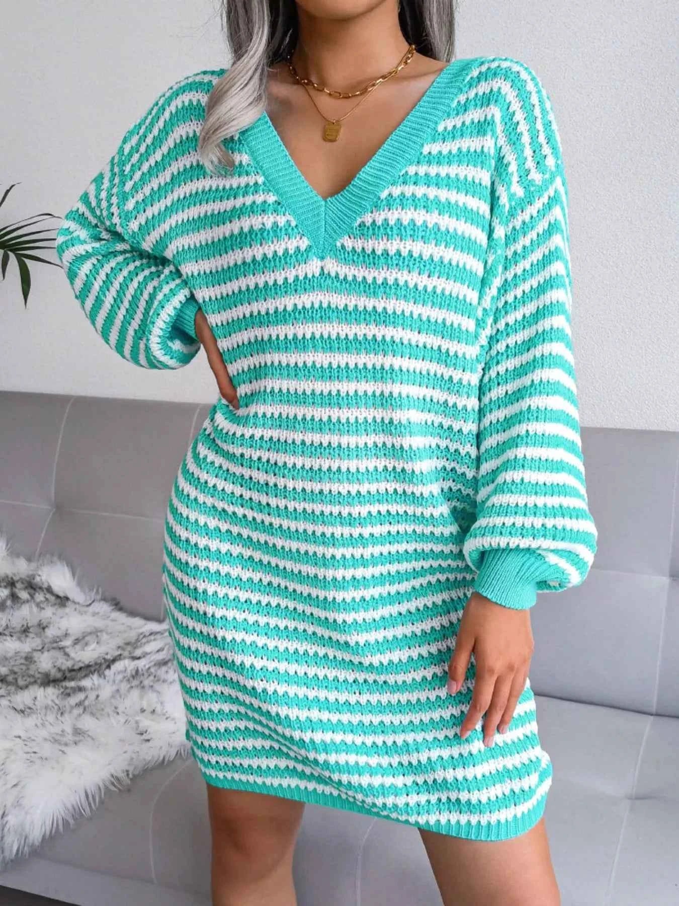 Striped V-Neck Long Sleeve Sweater Dress Cyan 0dd87db0-b120-4738-a3be-219d12ca9754-Max-Origin
