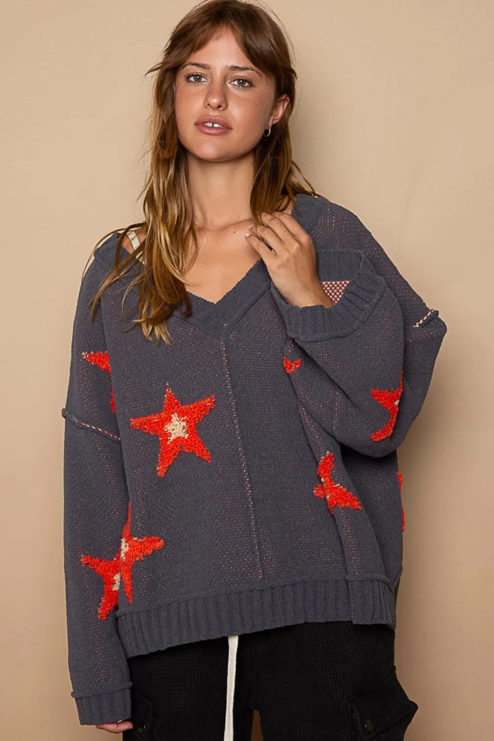POL Long Sleeve Star Patch Sweater Charcoal 0dda3b62-8953-49ff-b757-d0968dc19977-Max