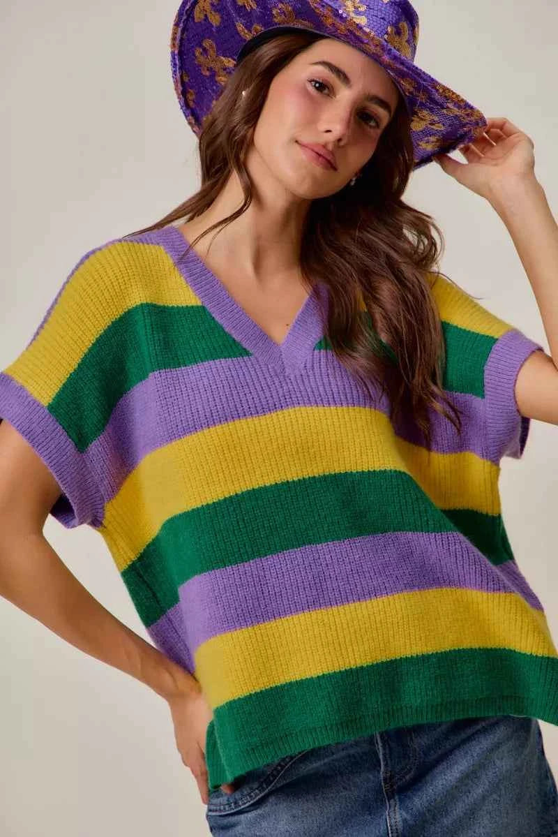 SO ME Mardi Gras Loose Fit V Neck Stripe Sweater Top 0ddc4ed6ef87466aa4ed9b79d4ff31ac-Max-Origin