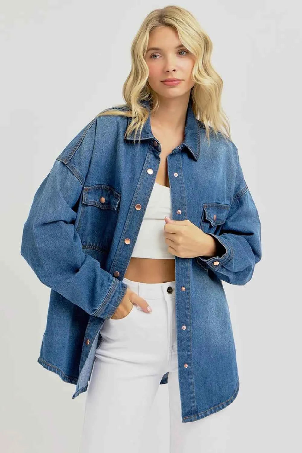 RISEN Full Size Snap Down Long Sleeve Denim Shacket 0ddf1f98-e393-40ec-8269-94a20ce7f680-Max