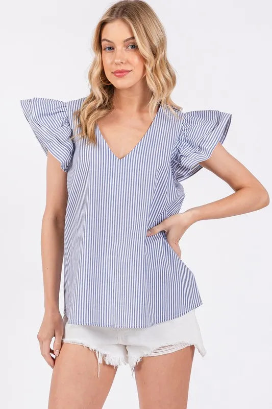 Ces Femme Striped V-Neck Ruffled Cap Sleeve Blouse 0de065b8-a3b4-4f61-aaf7-56eb6338f91b-Max