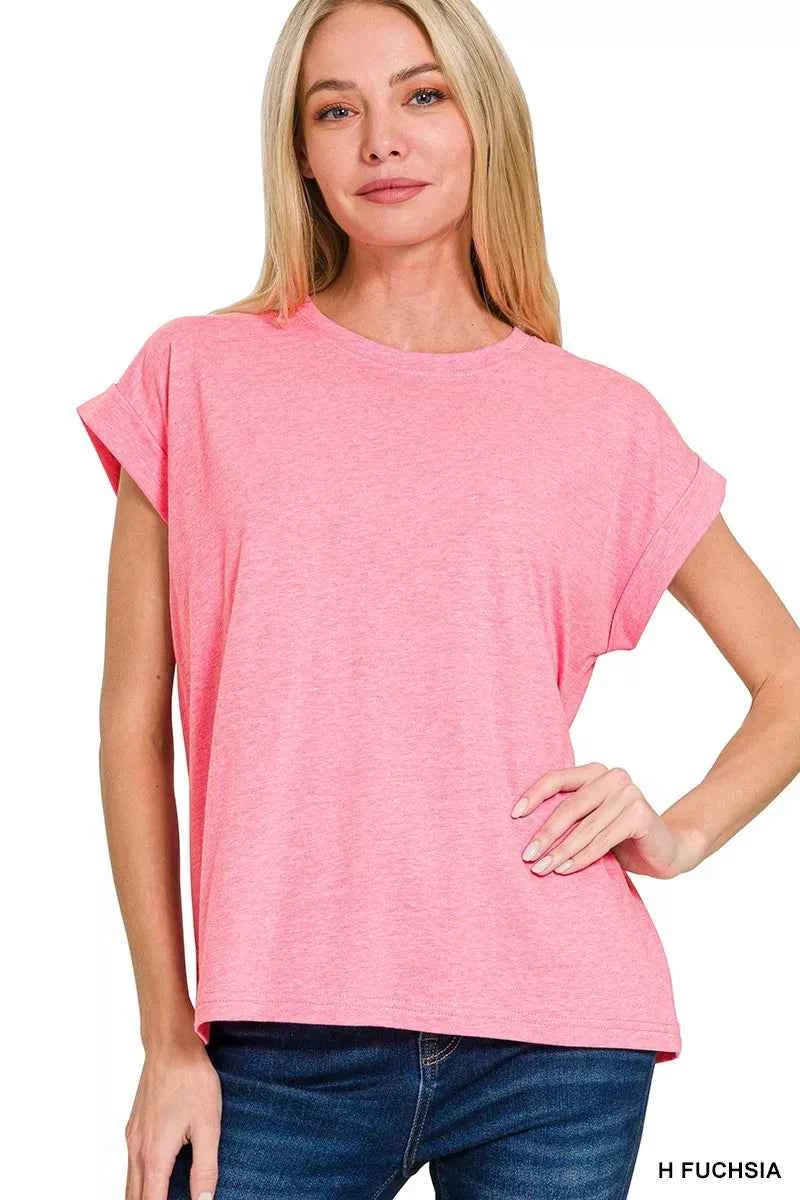 Zenana Round Neck Folded Short Sleeve T-Shirt H FUCHSIA 0de1108cbe4a4017808c142b5129bc89-Max-Origin